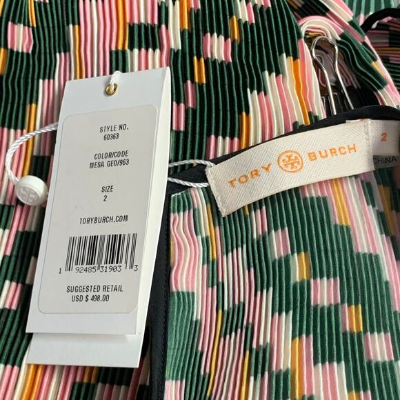 TORY BURCH Size 2 Green Pink Yellow Polyester Geometric Pleated Blouse - Picture 8 of 8